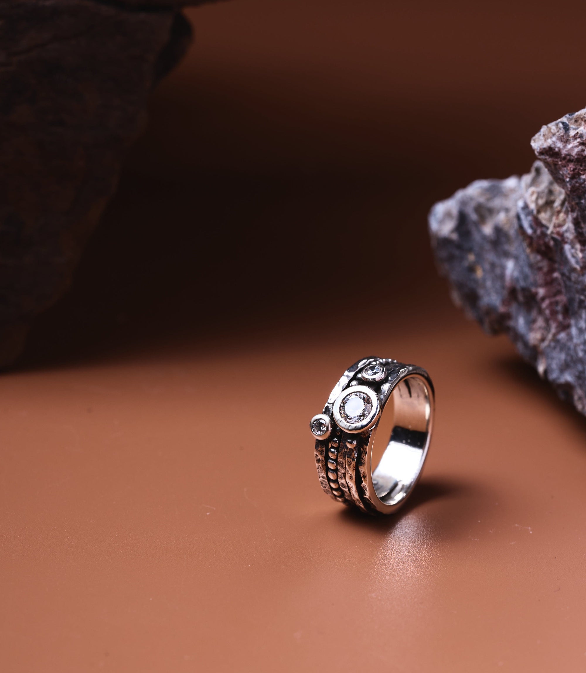 Suri Sterling Silver Ring, tribal artisan band with raised circular motifs and rope-edge detailing in sterling silver 925