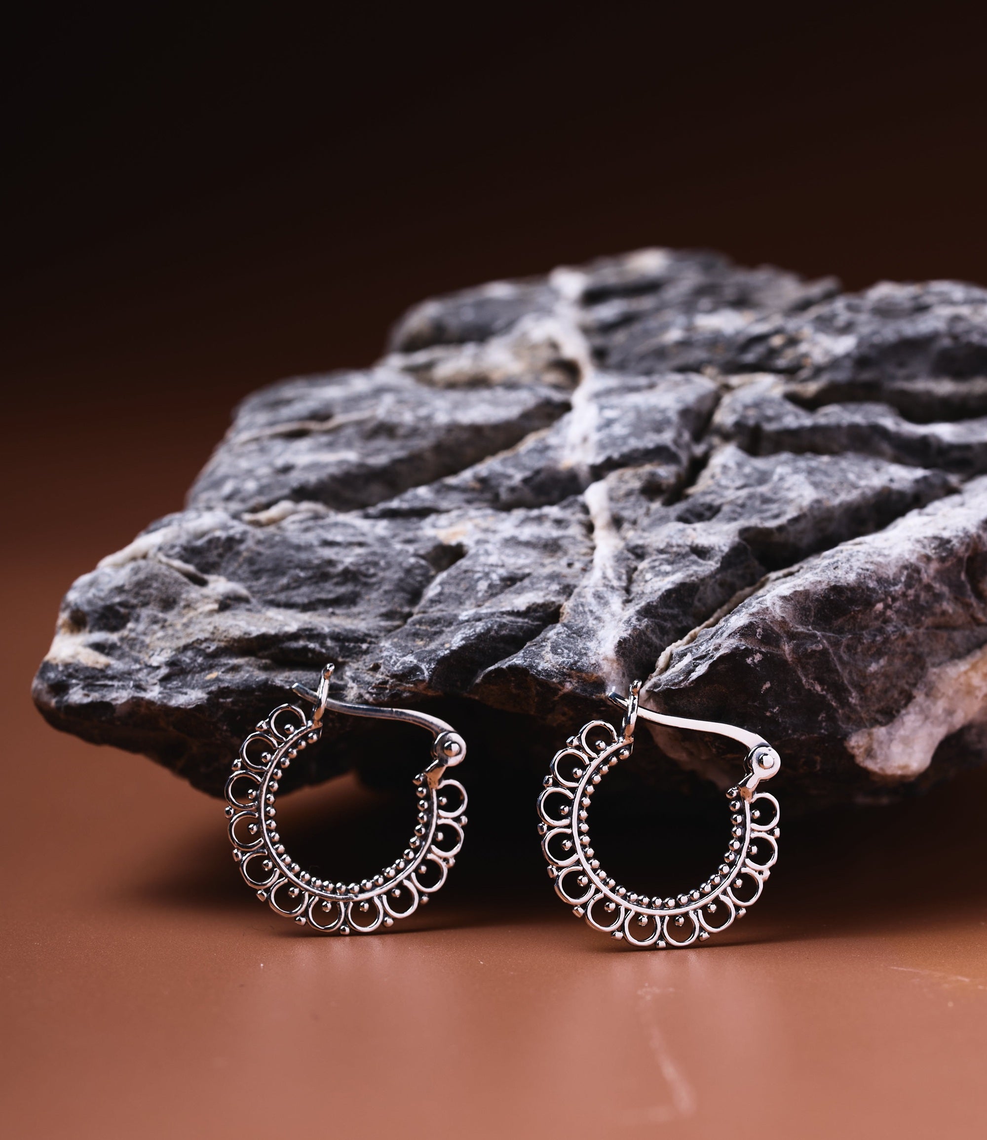 Seren Sterling Silver Hoop Earrings, handcrafted 925 sterling silver with open lacework crescent design