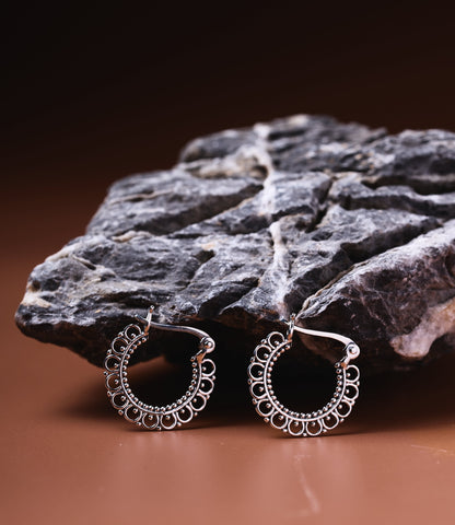 Seren Sterling Silver Hoop Earrings, handcrafted 925 sterling silver with open lacework crescent design