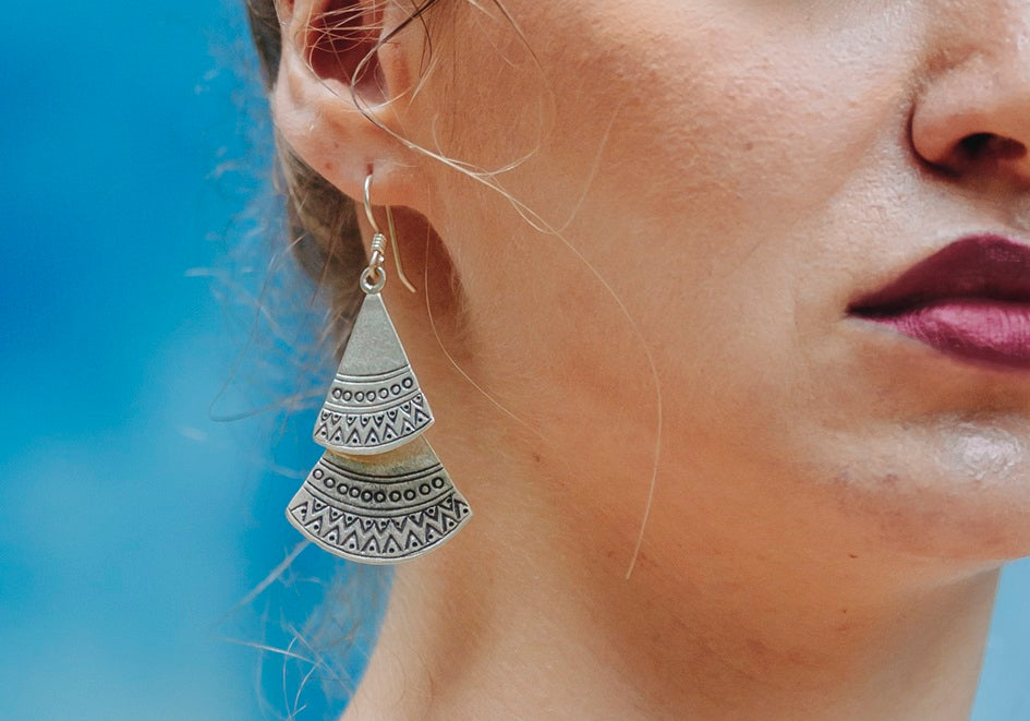 handmade pure silver fan-shaped earrings