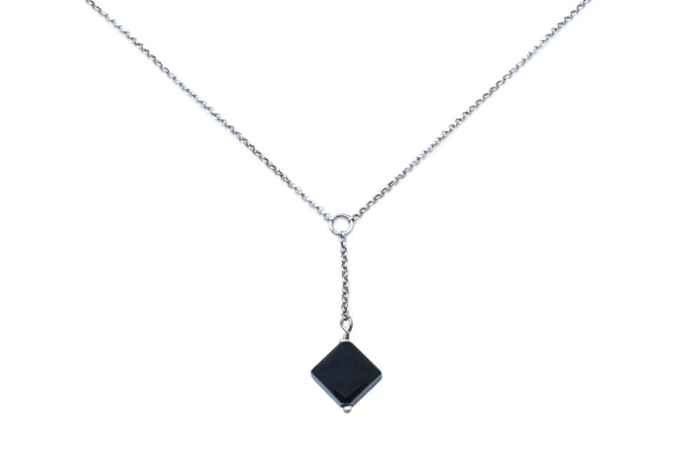 Delicate lariat necklace with square diamond shaped black onyx from Hill to Street over white background