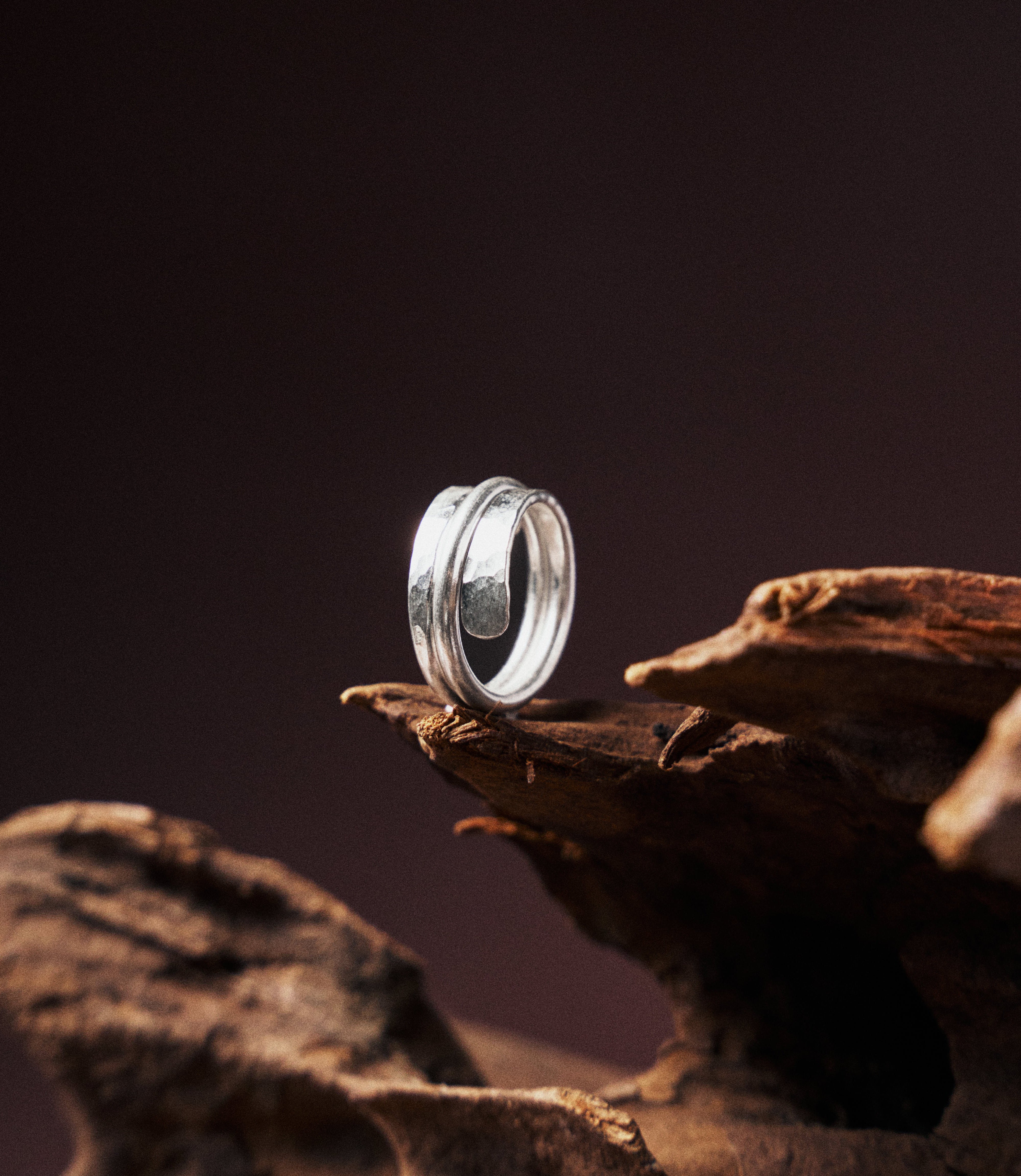 Kendra Ring in pure silver showing the twisted wire band and flattened hammered end.