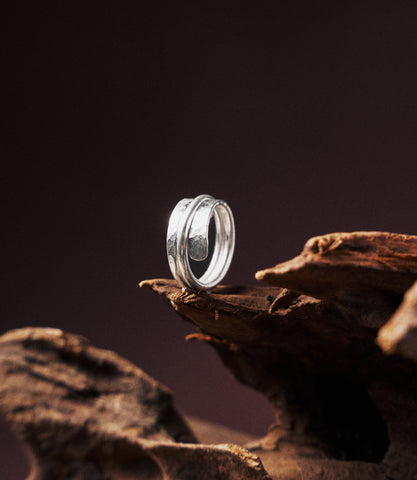 Kendra Ring in pure silver showing the twisted wire band and flattened hammered end.