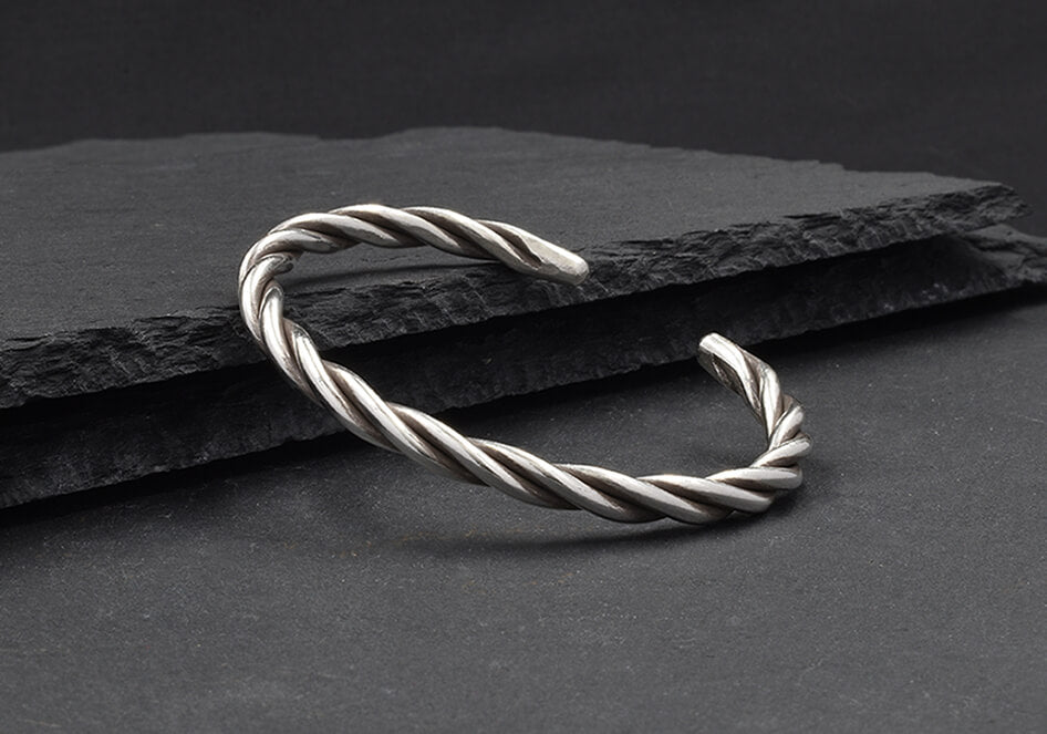 Close-up of twisted wire detail on the Sofia Bangle, handcrafted in pure silver