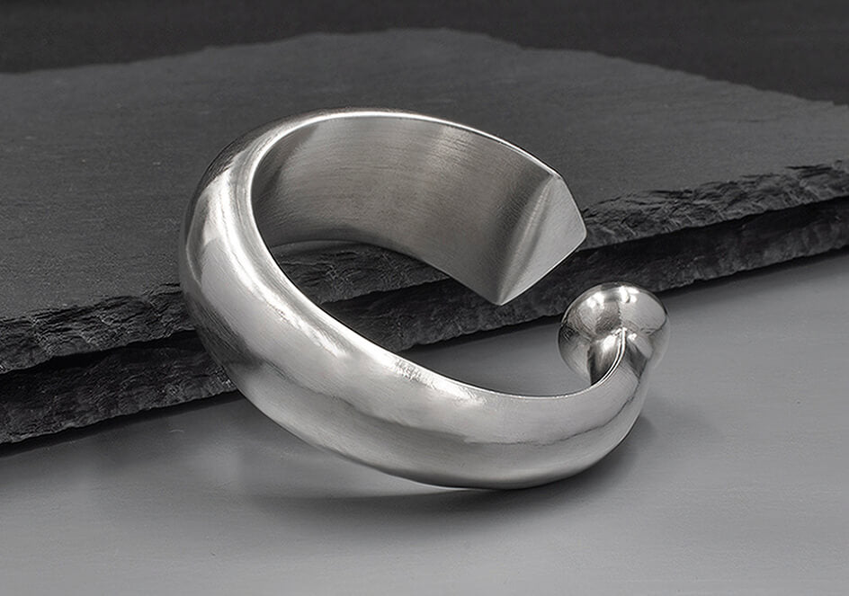 Hill to Street Apsara pure silver bangle — bold open-ended design with geometric contrasting ends.