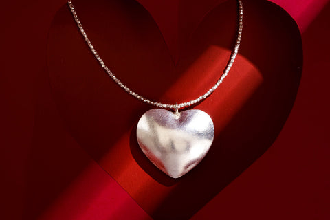Amara Necklace in pure silver featuring a large polished heart-shaped pendant by Hill To Street