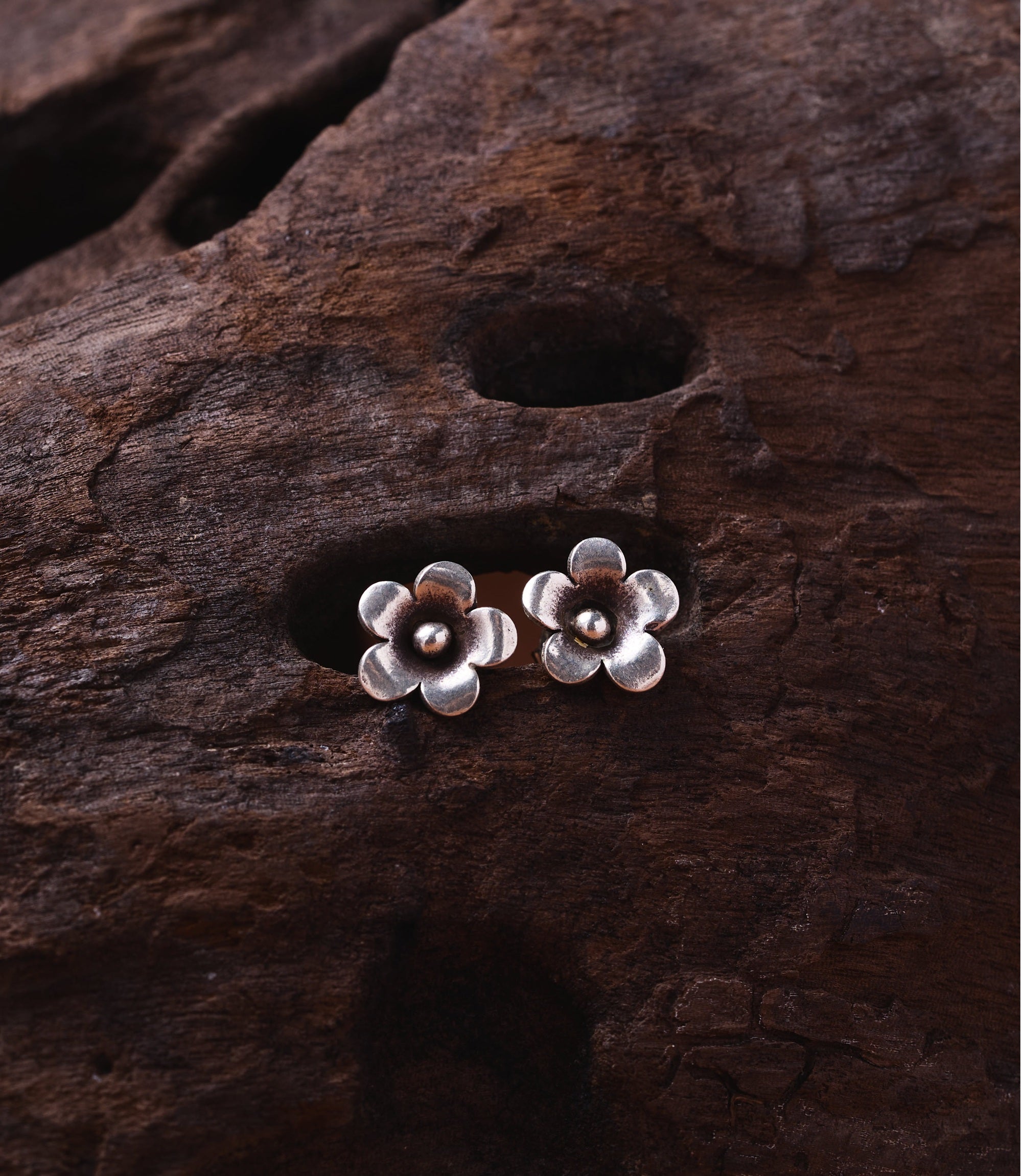 Flora Pure Silver Stud Earrings — handcrafted Hill Tribe five-petal flower studs with oxidised finish