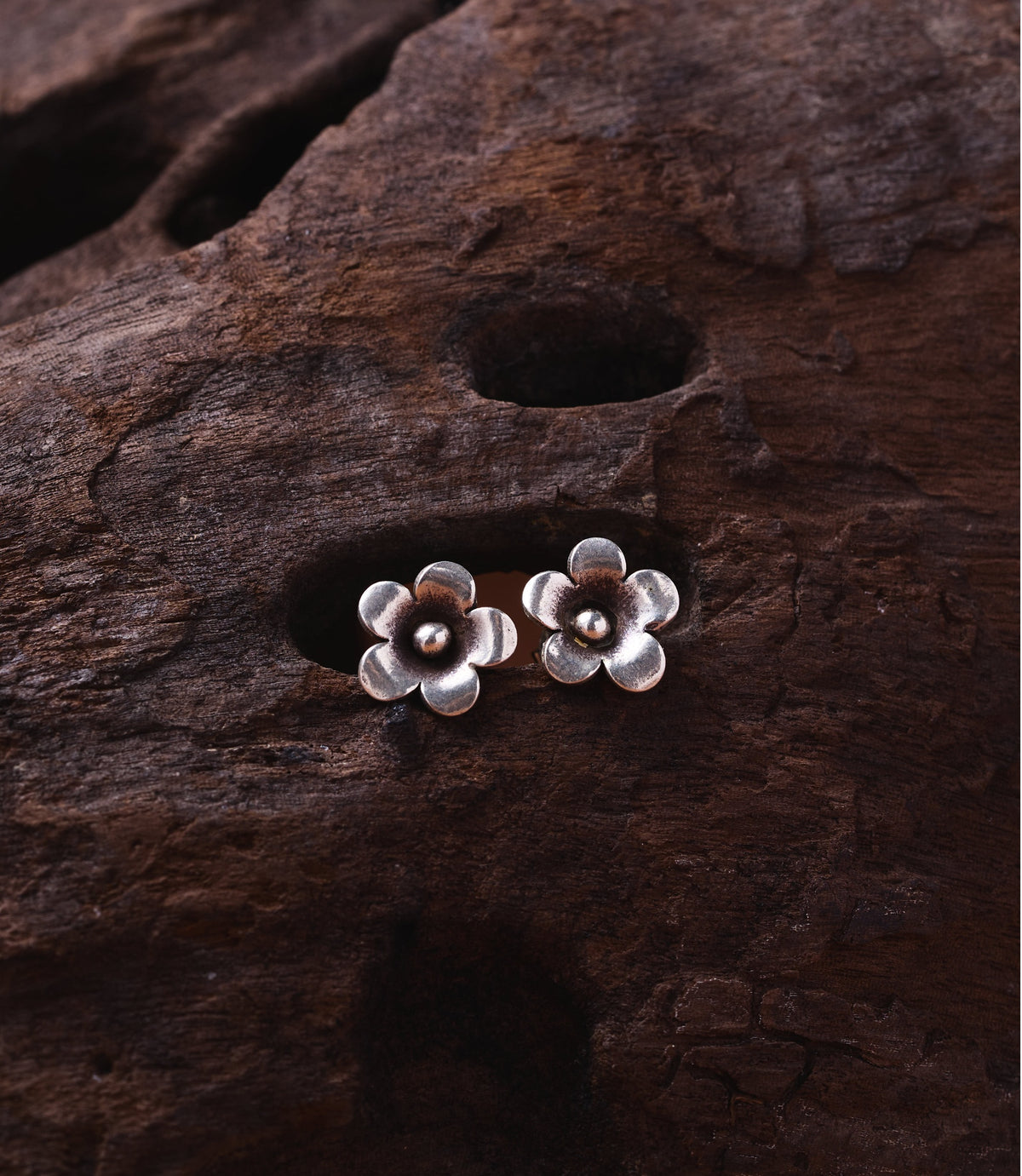 Flora Pure Silver Stud Earrings — handcrafted Hill Tribe five-petal flower studs with oxidised finish