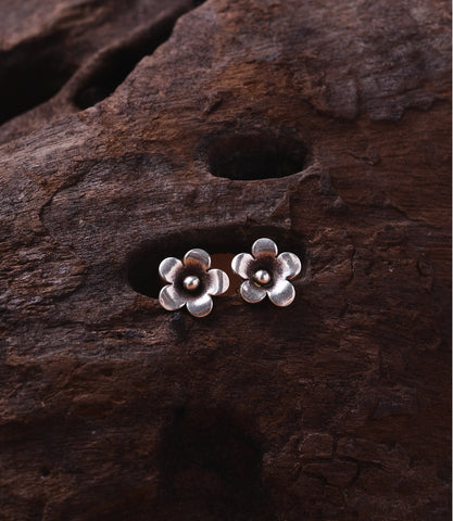 Flora Pure Silver Stud Earrings — handcrafted Hill Tribe five-petal flower studs with oxidised finish