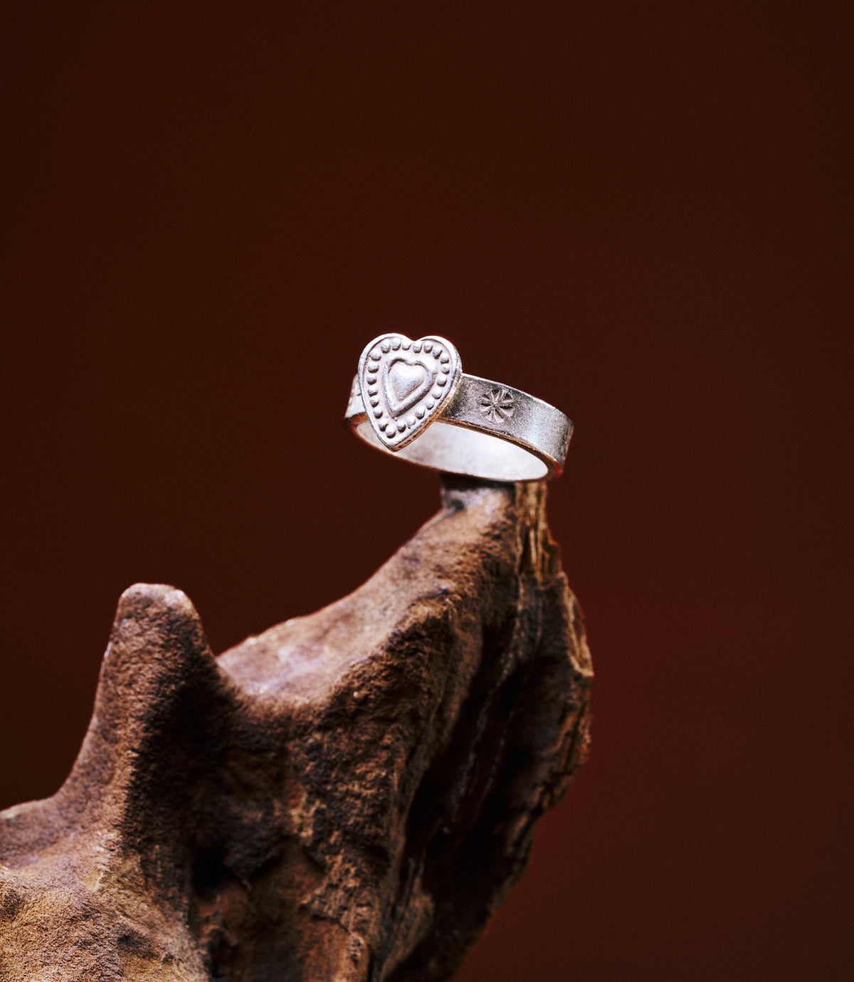 Freya Pure Silver Heart Ring with raised dotted heart motif, handcrafted by Hill Tribe artisans