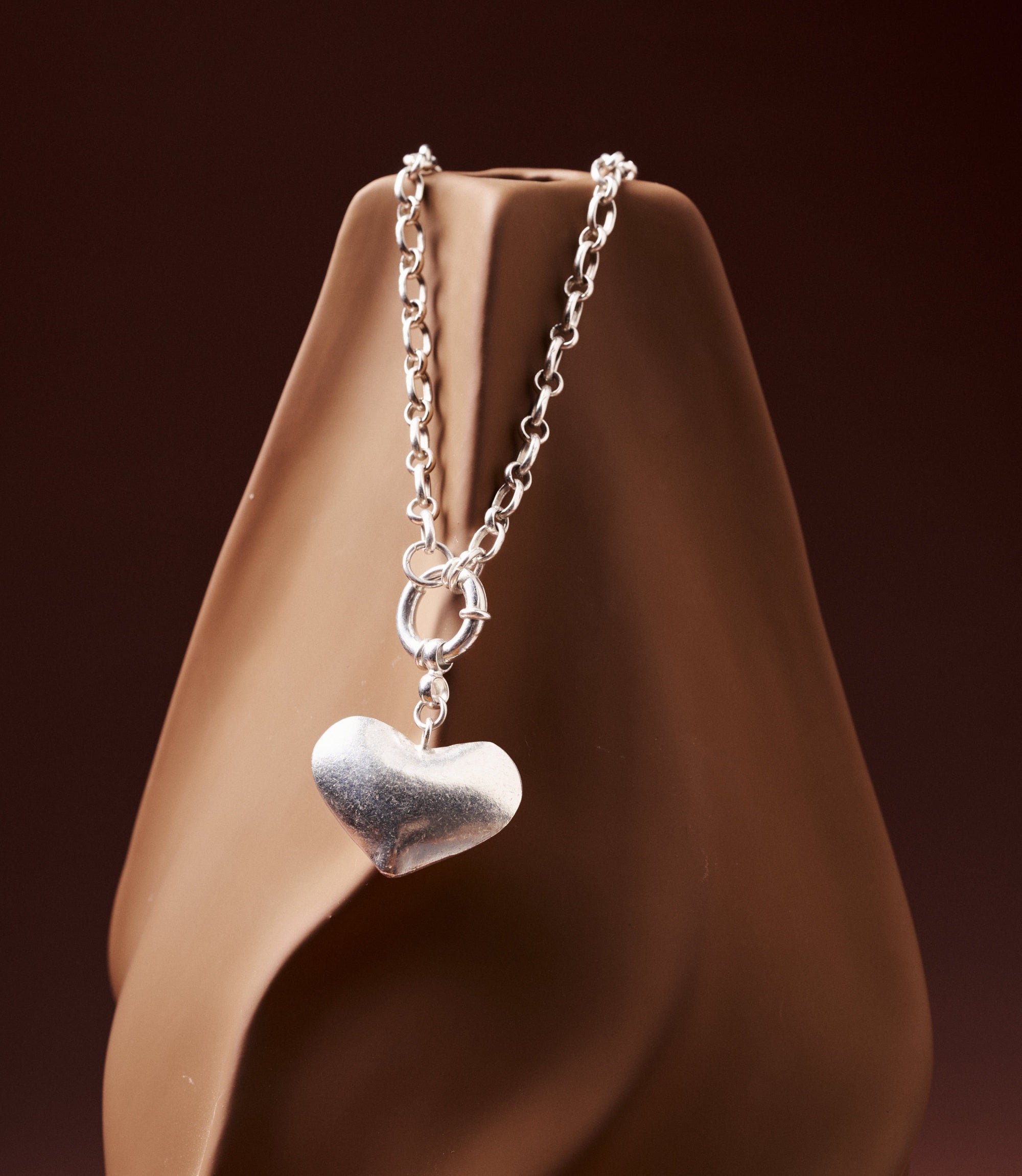 Ines Pure Silver Heart Necklace with large domed heart pendant on a rolo chain and spring ring clasp