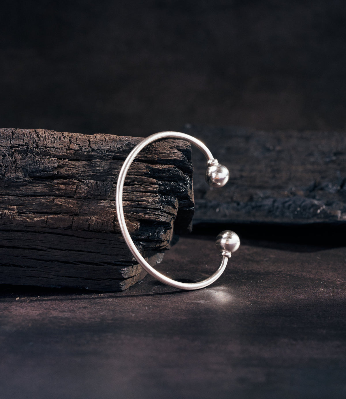 Jordy Bangle handcrafted pure silver open-cuff bangle with delicate ball detail, adjustable fit