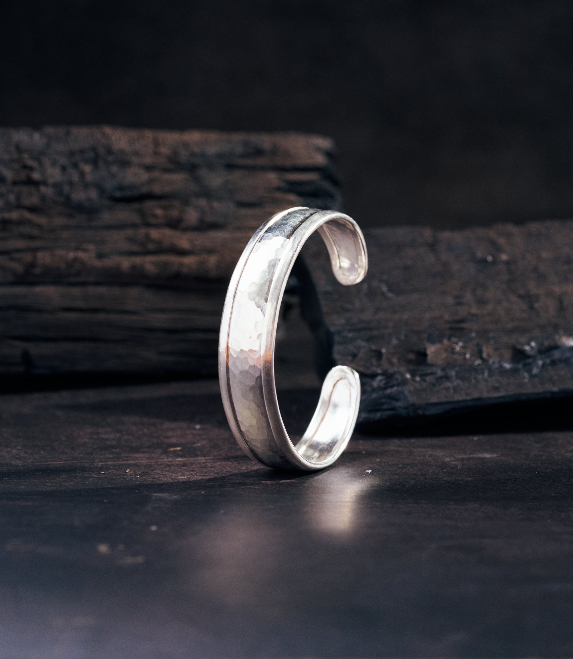 Lainey Bangle handcrafted pure silver bangle with hammered finish and side-wrapped detailing by Hill to Street