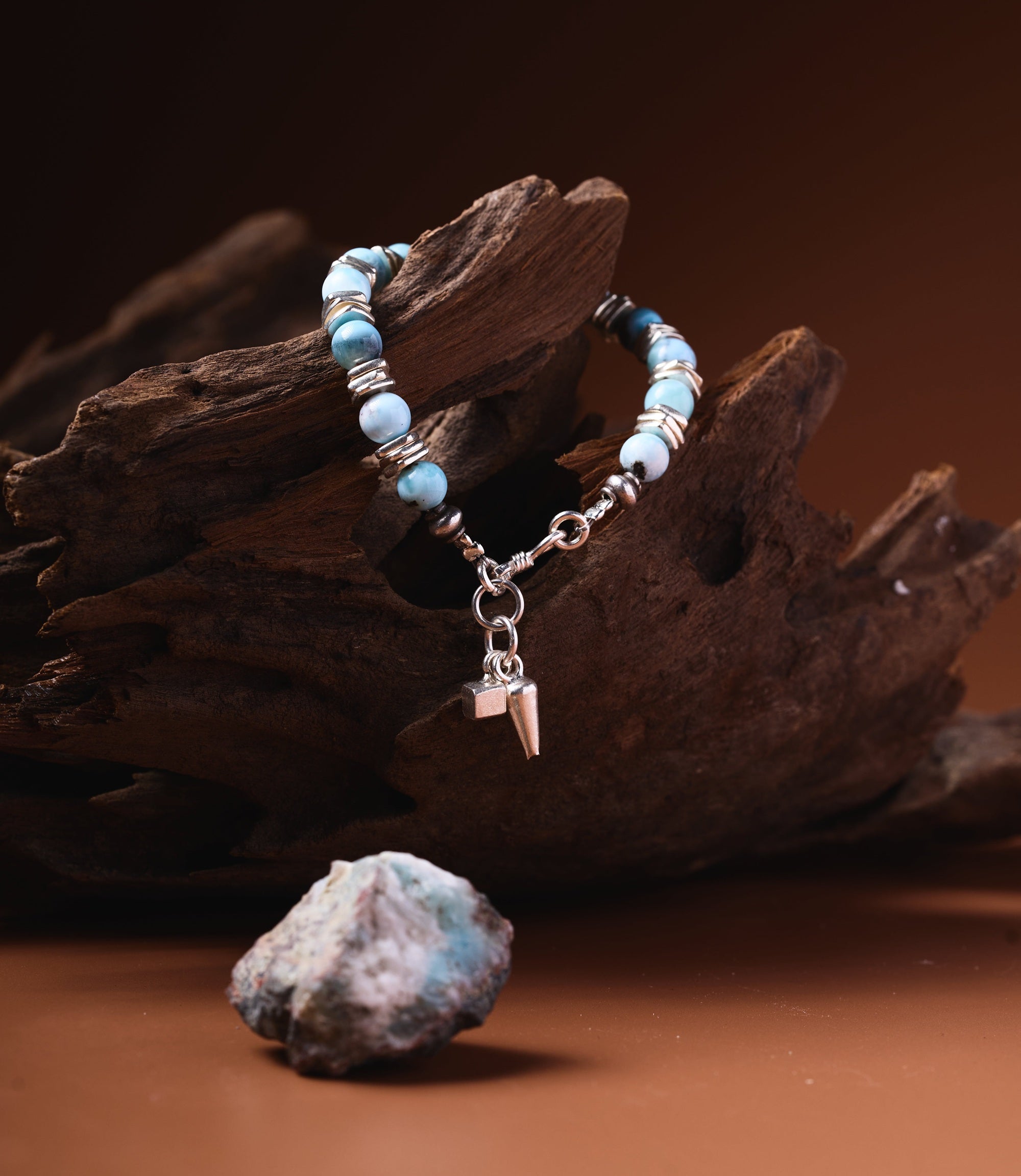 Lara Larimar Bracelet with pure silver disc beads and geometric cube and spike charm drop