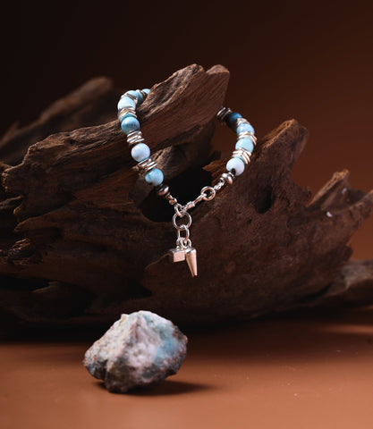 Lara Larimar Bracelet with pure silver disc beads and geometric cube and spike charm drop