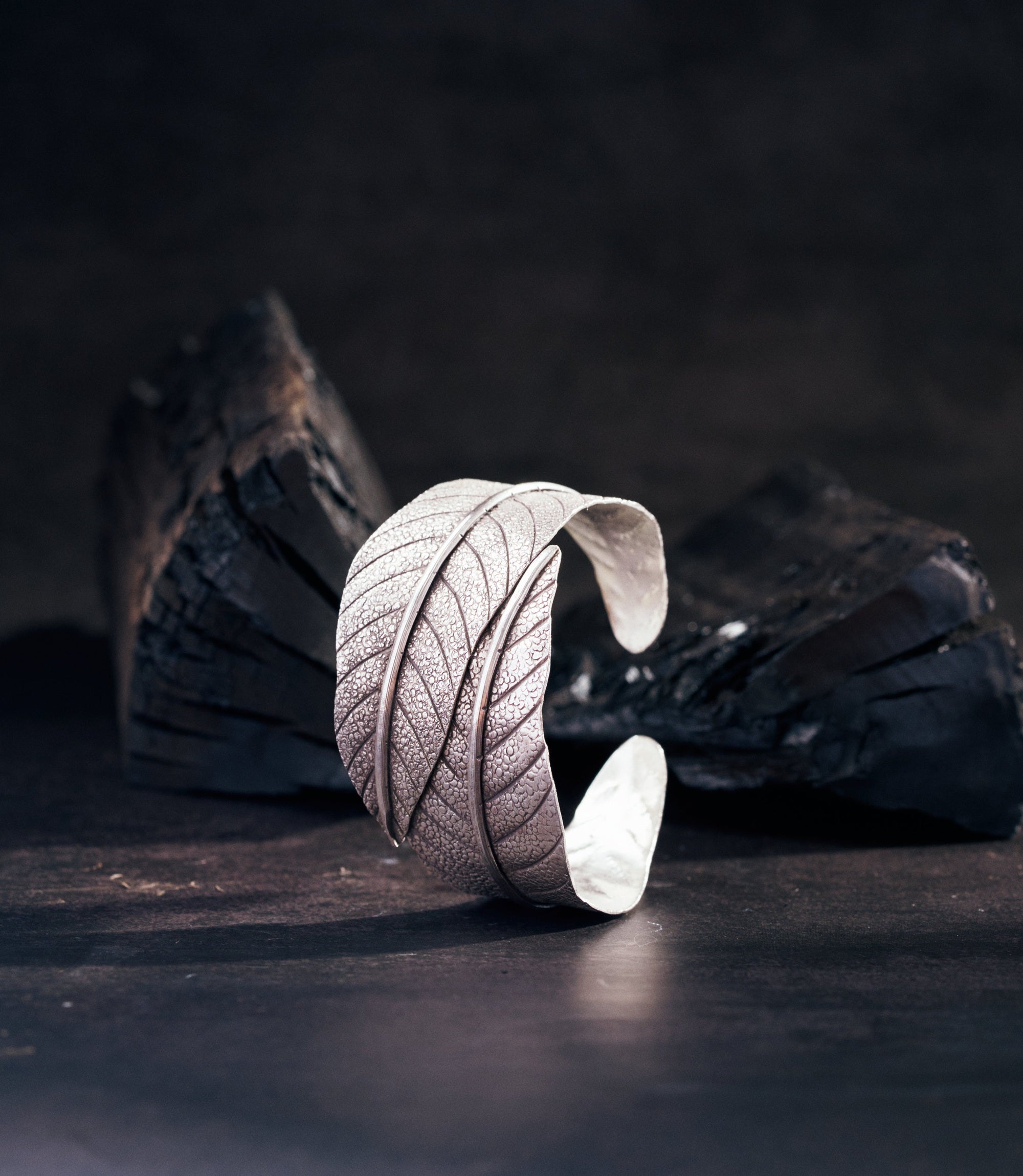 Leila Bangle handcrafted pure silver cuff with oxidized finish and intricate leaf design