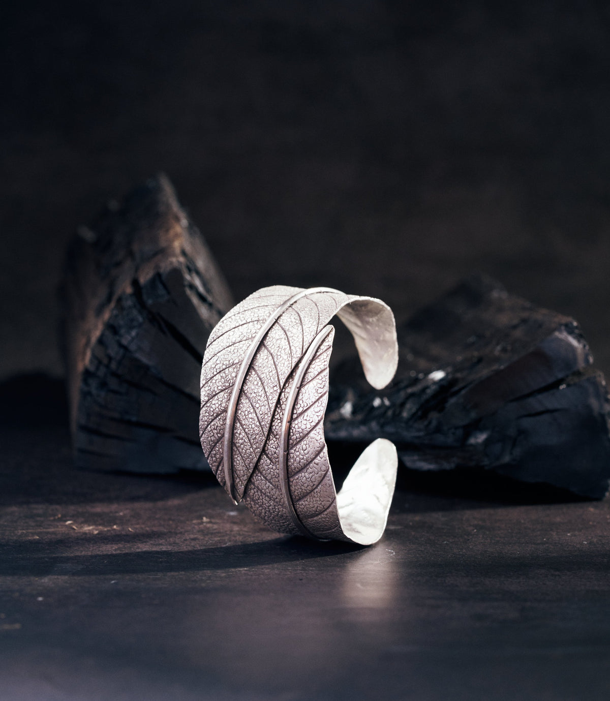 Leila Bangle handcrafted pure silver cuff with oxidized finish and intricate leaf design