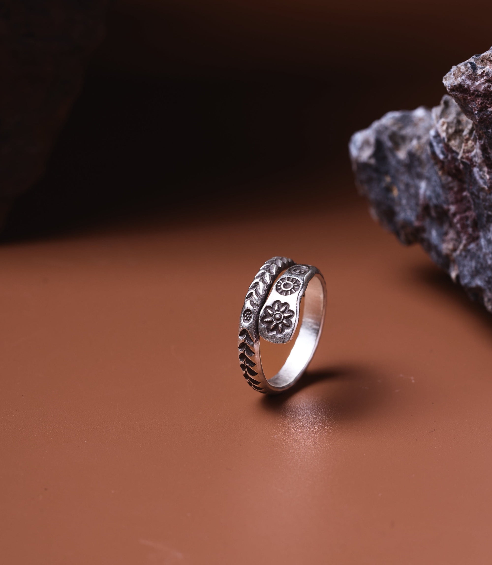Linnea Pure Silver Stamped Ring with handcrafted floral and paisley motifs, Hill Tribe artisan band