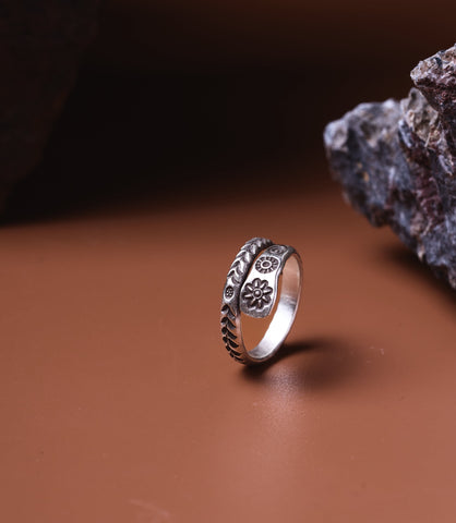 Linnea Pure Silver Stamped Ring with handcrafted floral and paisley motifs, Hill Tribe artisan band