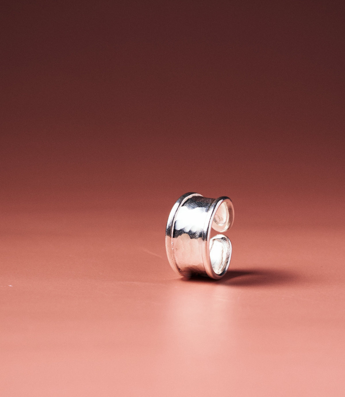 Mila Hammered Cuff Ring, wide open-band adjustable ring handcrafted from pure silver