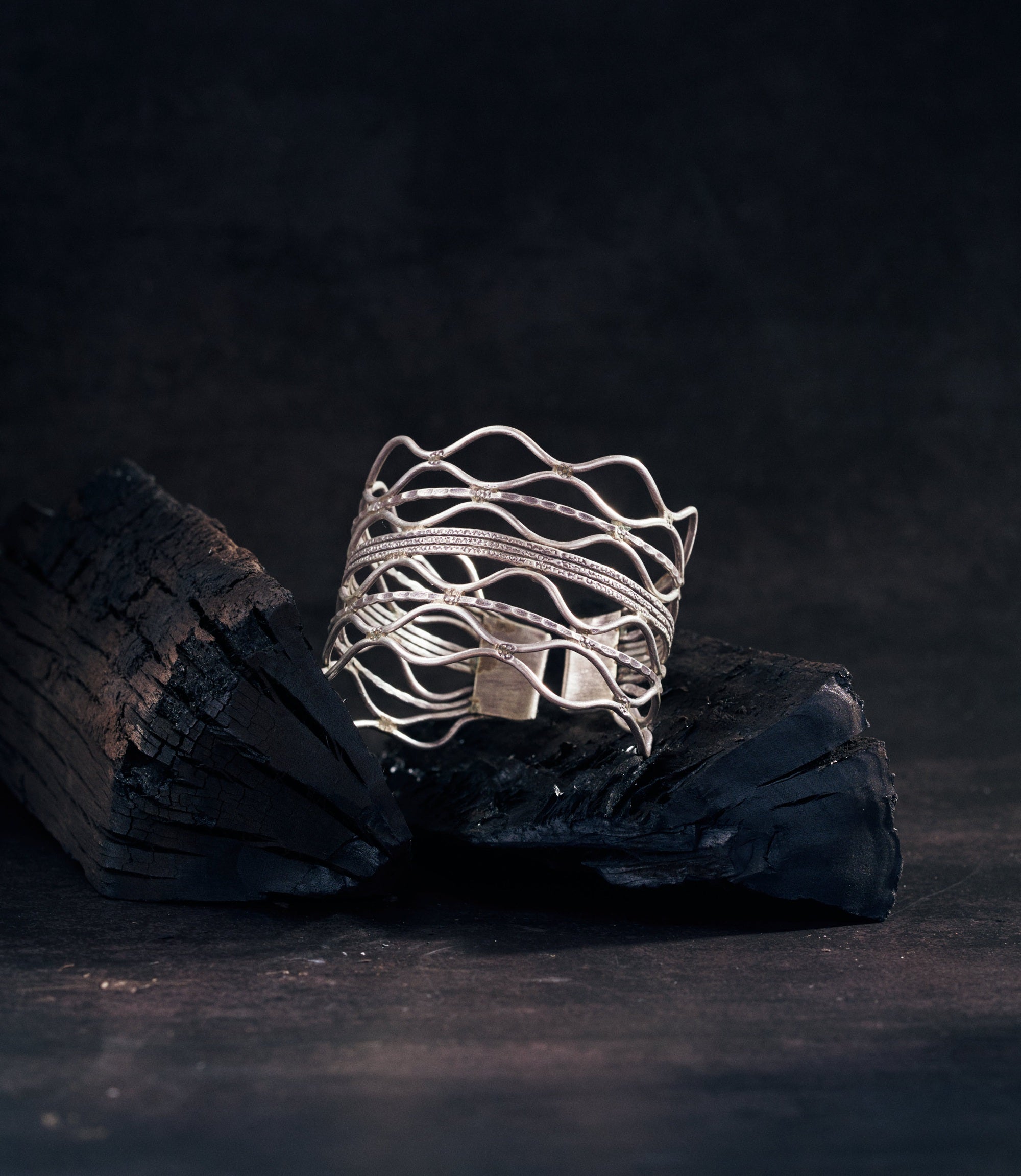 Nerina Bangle in pure silver — handcrafted open cuff with wavy wires and hand-stamped detail by Hill to Street