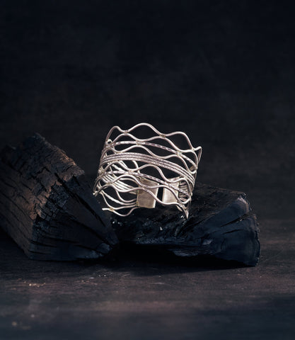 Nerina Bangle in pure silver — handcrafted open cuff with wavy wires and hand-stamped detail by Hill to Street