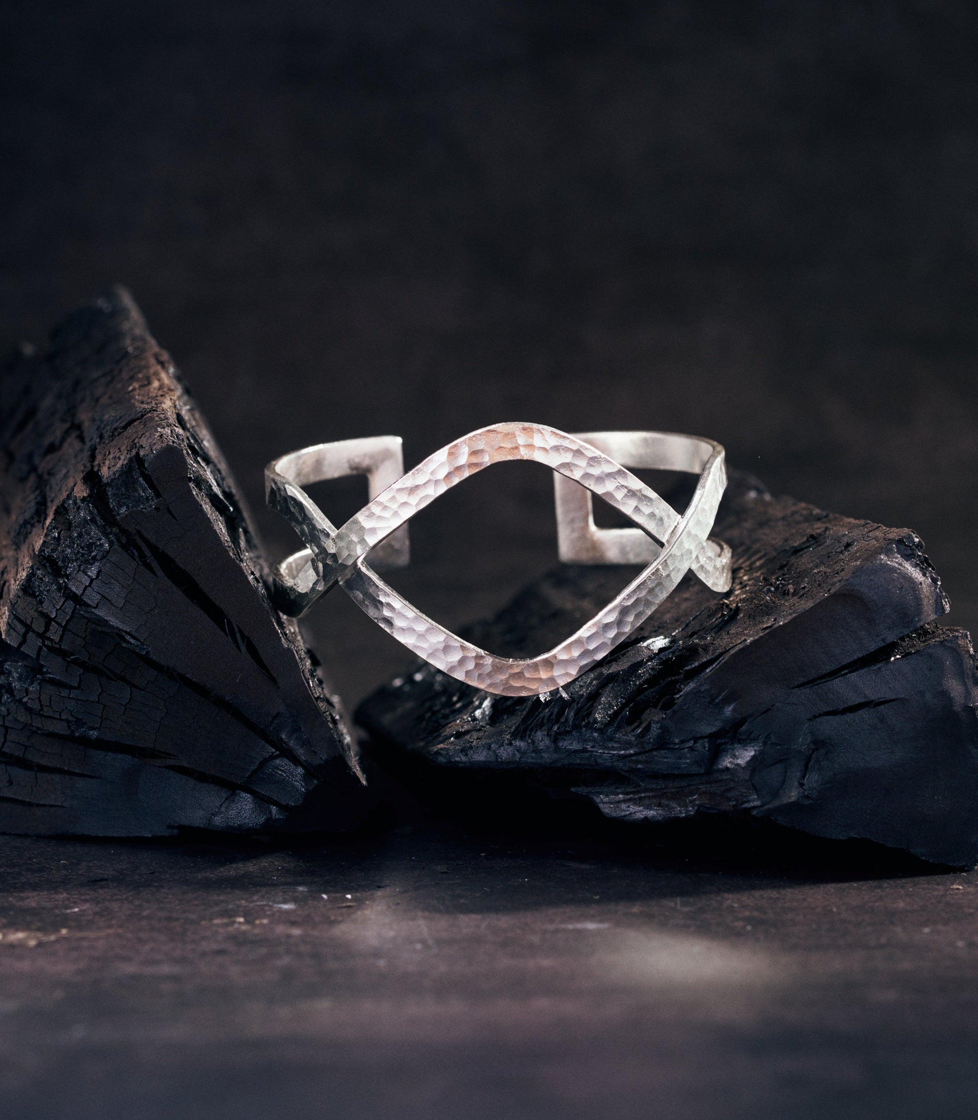 Petra Cuff Bangle in pure silver with hand-hammered finish and open cuff silhouette, handcrafted by Hill to Street