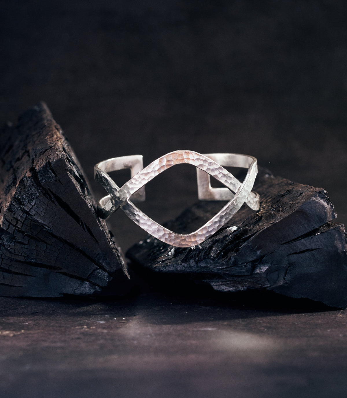 Petra Cuff Bangle in pure silver with hand-hammered finish and open cuff silhouette, handcrafted by Hill to Street