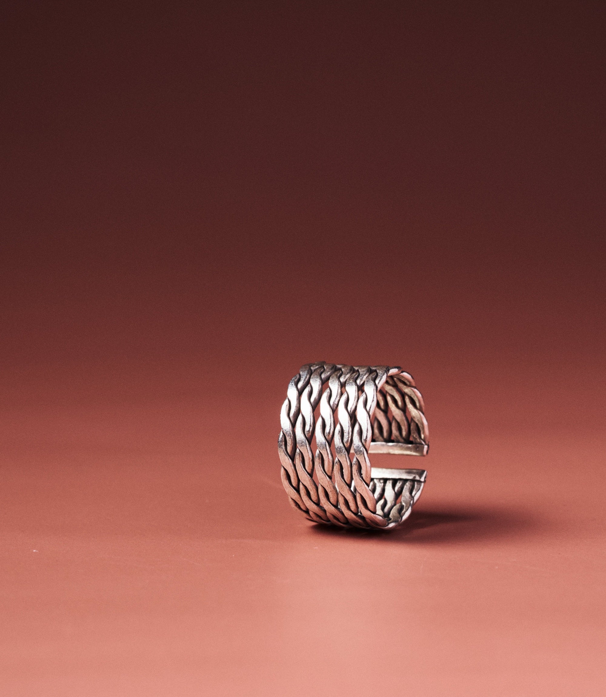 Remy Twisted Weave Silver Ring, handcrafted sterling silver 925 open-back band with woven flat wire texture