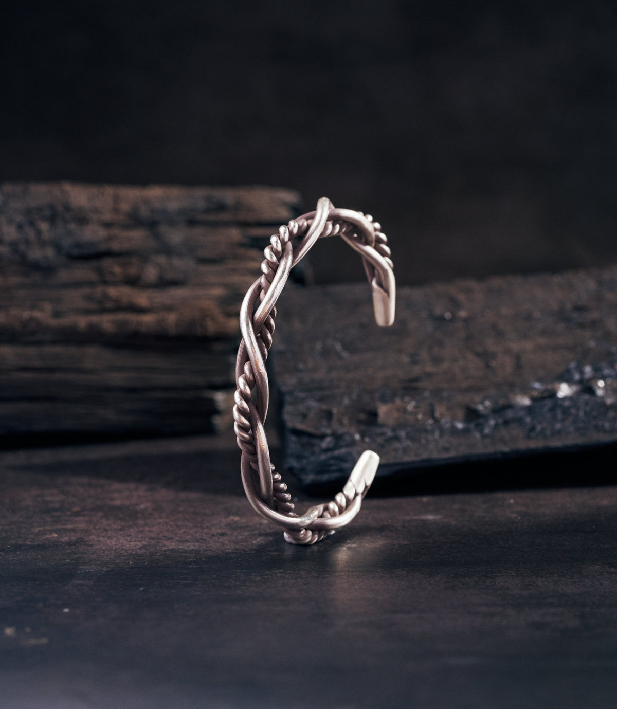 Rowan Bangle — handcrafted pure silver open cuff with braided smooth and twisted wire design