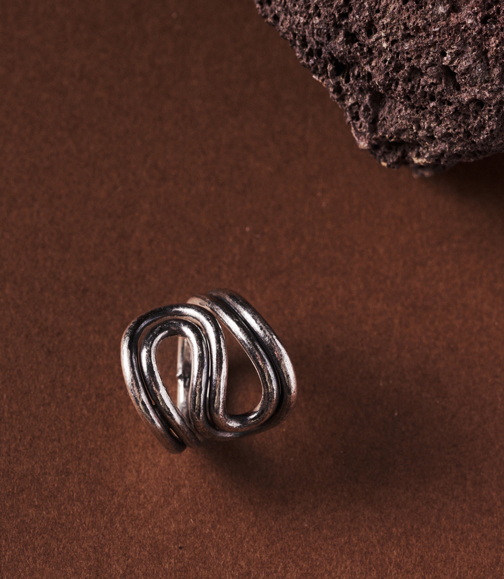 Sable Pure Silver Wire Ring, handcrafted freeform sculptural band with oxidised dark finish