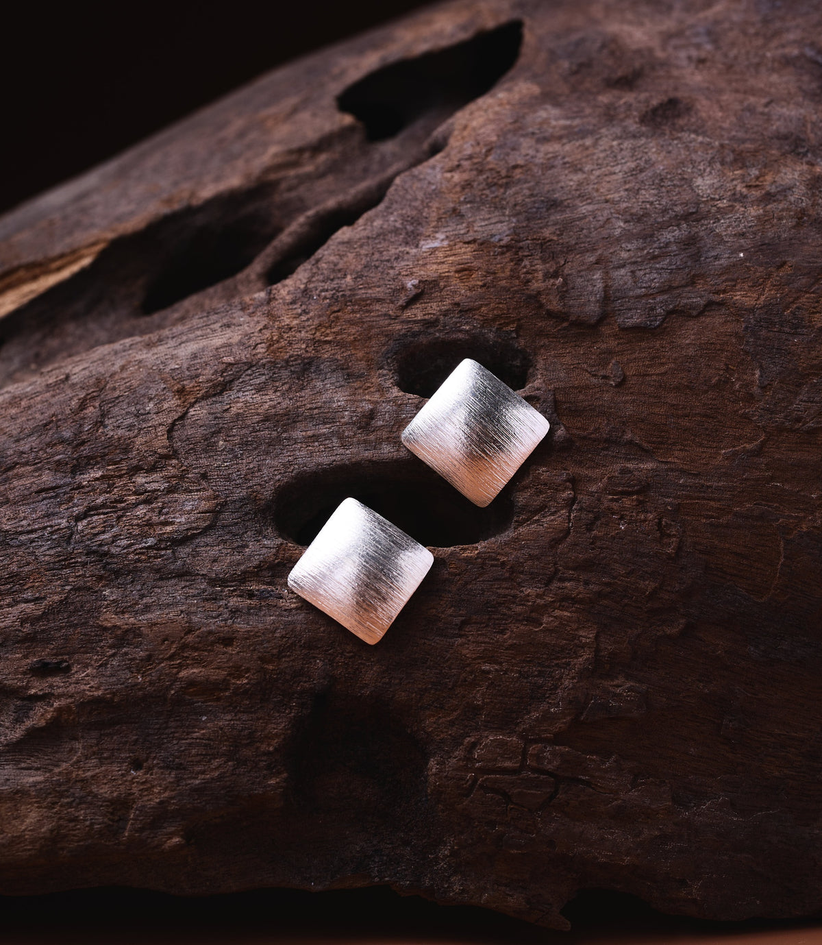 Sera Pure Silver Square Studs with brushed texture finish, handcrafted Hill Tribe pure silver earrings