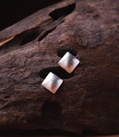 Sera Pure Silver Square Studs with brushed texture finish, handcrafted Hill Tribe pure silver earrings