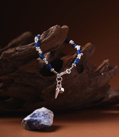 Zara Lapis Lazuli Charm Bracelet with pure silver beads and spike charm, handcrafted Hill Tribe jewellery