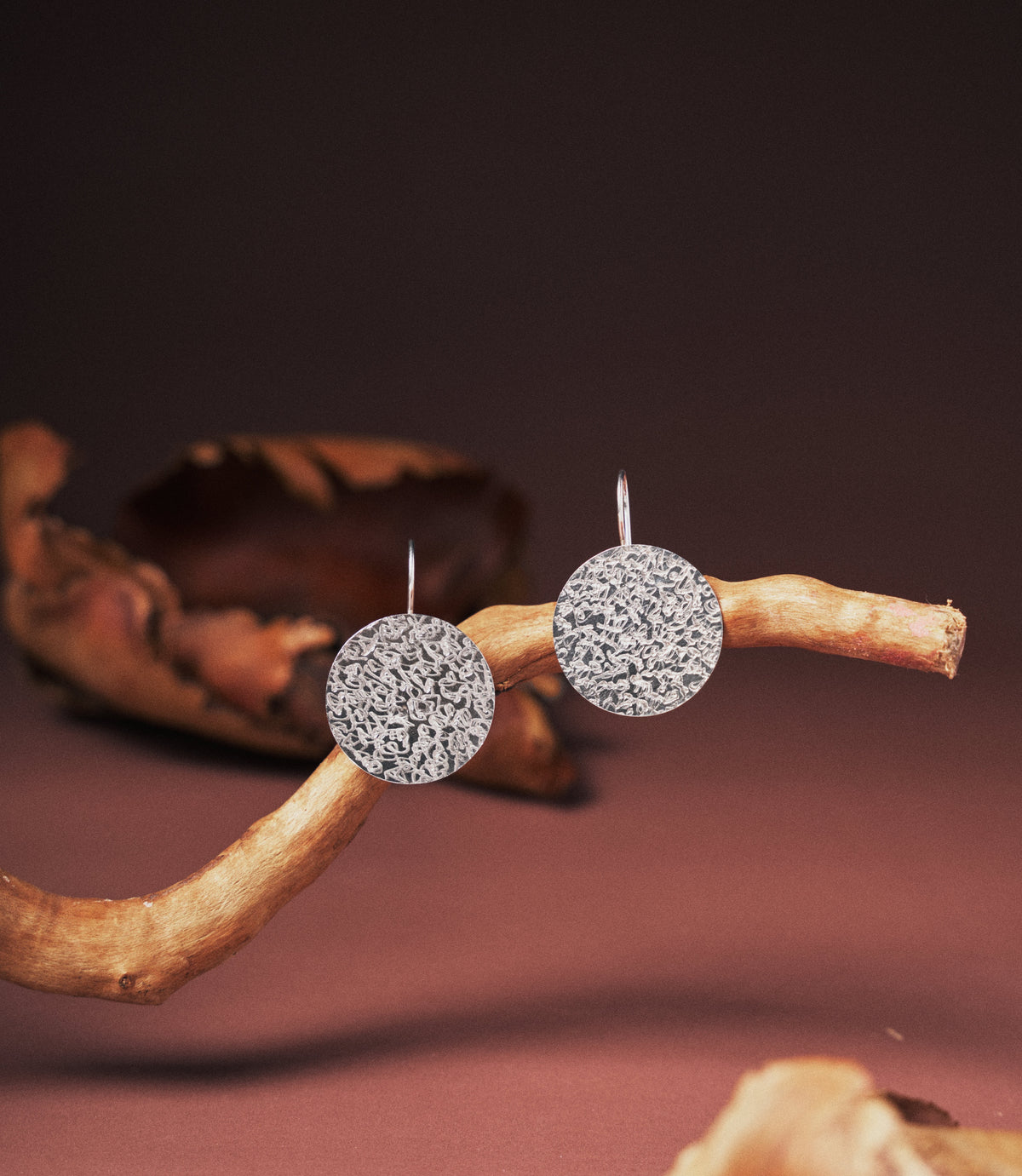 Textured sterling silver disc drop earrings