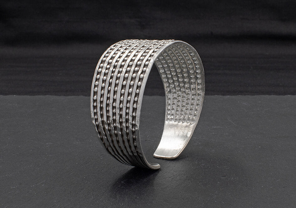 Textured lines and circles silver cuff bracelet