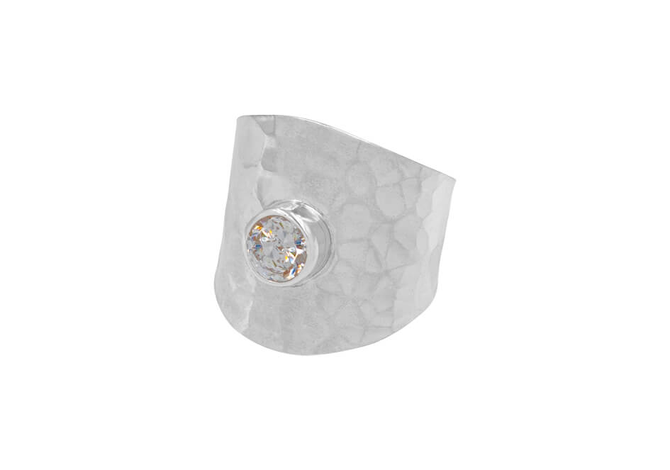 Cubic zirconia hammered cuff ring from Hill to Street over a white background
