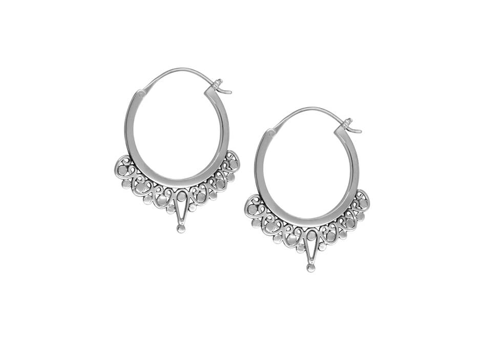 Pair of detailed sterling silver hoop earrings over white background