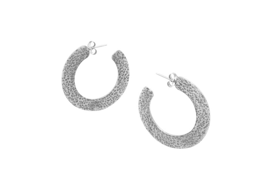 Flat hammered sterling silver hoops