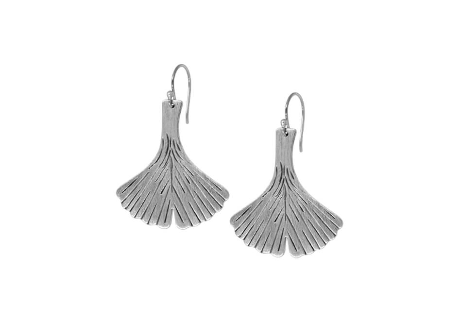 Pair of gingko leaf drop earrings from Hill to Street over white background