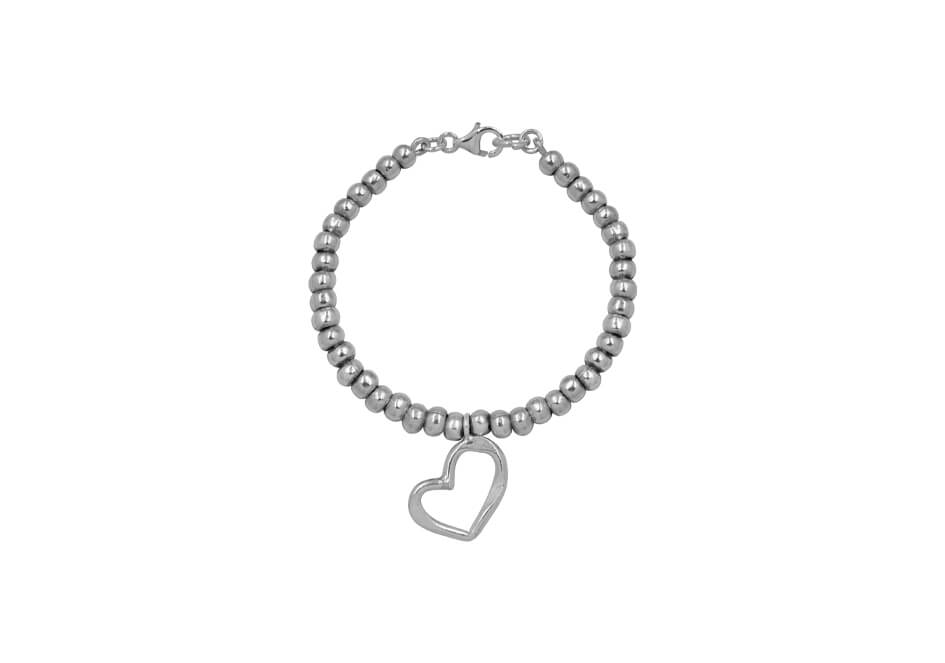 Heart charm silver beaded bracelet