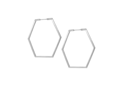 Pair of hexagon sterling silver hoop earrings over a white background