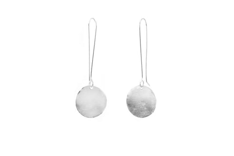 Long dangling silver disc earrings