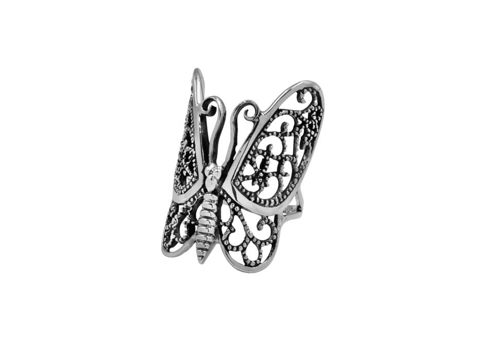 Oxidized silver filigree butterfly ring