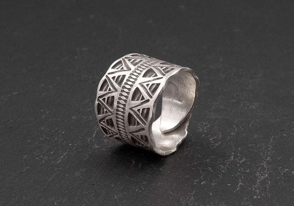 Oxidized silver stamped pattern ring