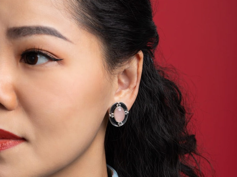 Rose Quartz silver clip-on earrings