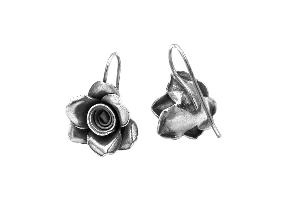 Ruffled rose silver drop earrings