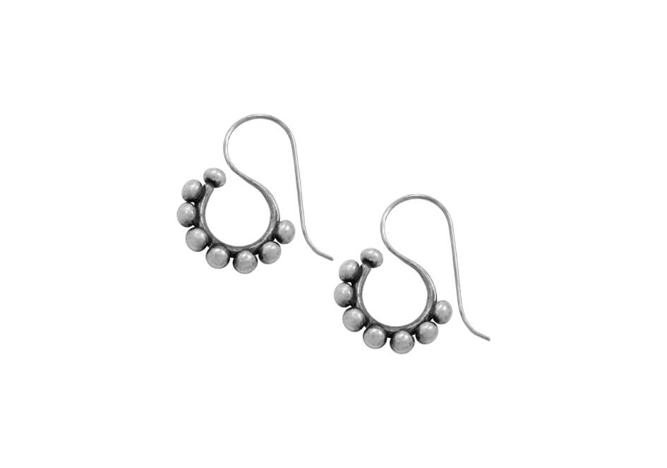 Pair of silver beads S-shape drop earrings from Hill to Street over white background