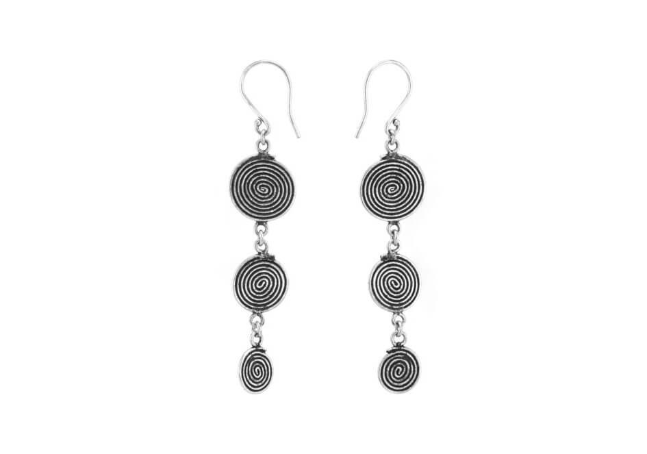 Silver tiered spiral disc earrings