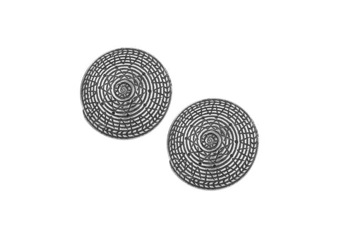 Patterned round stud silver earrings in oxidized finish